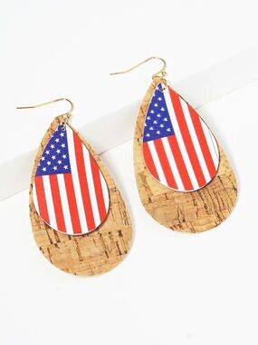Cork and USA flag printed leatherette double teardrop dangle earrings patriotic